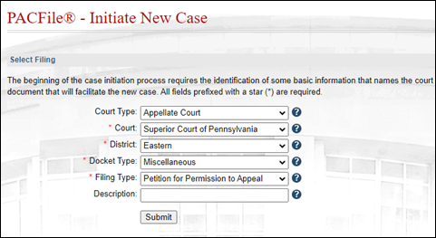 The Select Filing screen in the Case Initiating wizard.